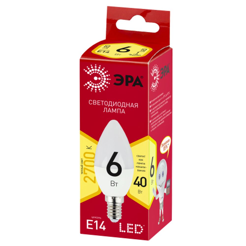 Лампа светодиодная ЭРА RED LINE LED B35-6W-827-E14 R 6Вт свеча теплый белый свет Е14 | Лампы cветодиодные Свеча (B/C)