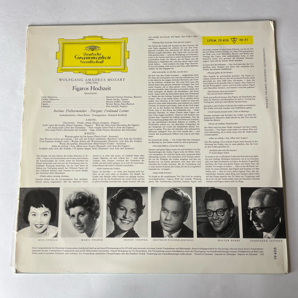 Винтажная виниловая пластинка LP W. A. Mozart Моцарт, Berliner Philharmoniker, Ferdinand Leitner, Figaros Hochzeit (Querschnitt) (Германия 1962) Deutsche Grammophon