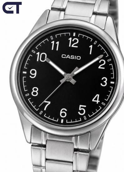 Casio MTP-V005D-1B4 General часы наручные мужские — чёрный циферблат с белыми цифрами и стальной браслет