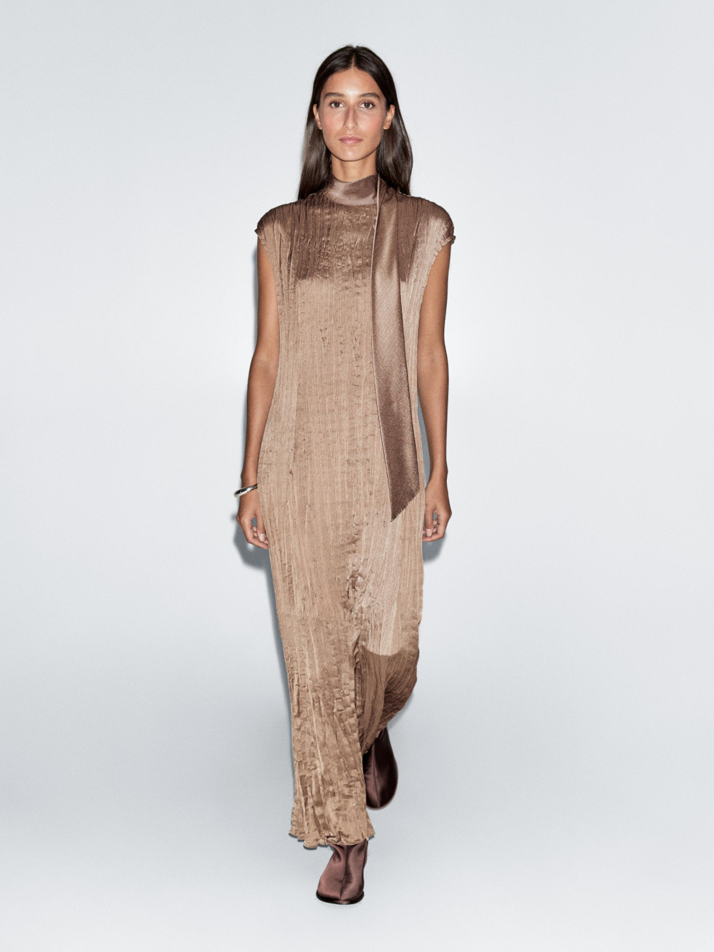 Massimo Dutti Длинное платье на шнуровке с воротником, коричневый