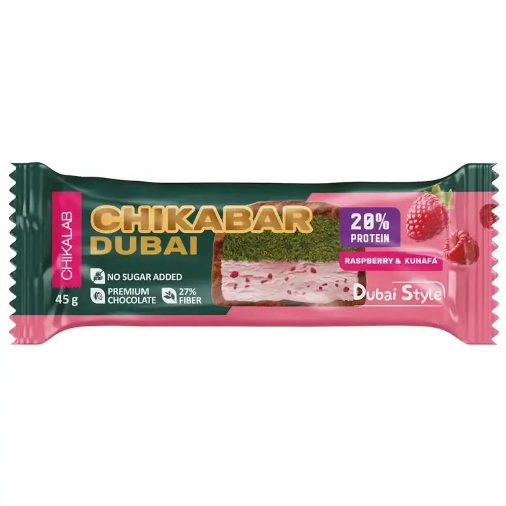Батончик глаз.протеиновый CHIKABAR DUBAI Малина с фисташкой и хрустящим тестом 20% 45гр