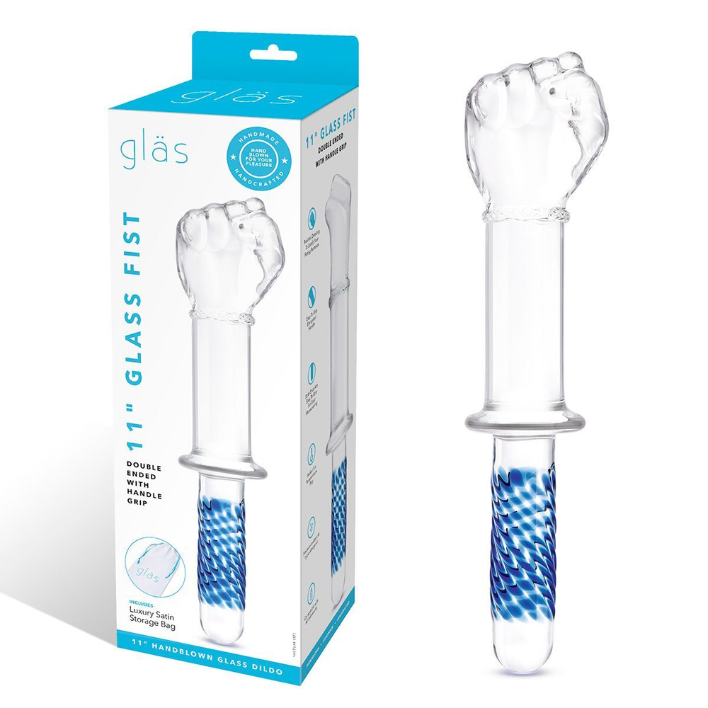 Стеклянный стимулятор в форме сжатой в кулак руки 11’’ Glass Fist Double Ended With Handle Grip - 28 см. (Цвет: синий)