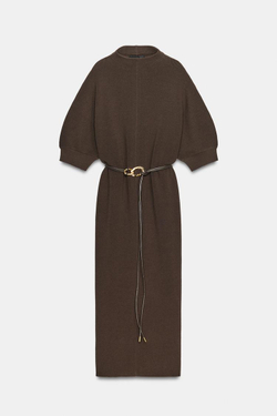 ZARA ДЛИННОЕ ТРИКОТАЖНОЕ ПЛАТЬЕ С ПОЯСОМ, КОРИЧНЕВЫЙ
