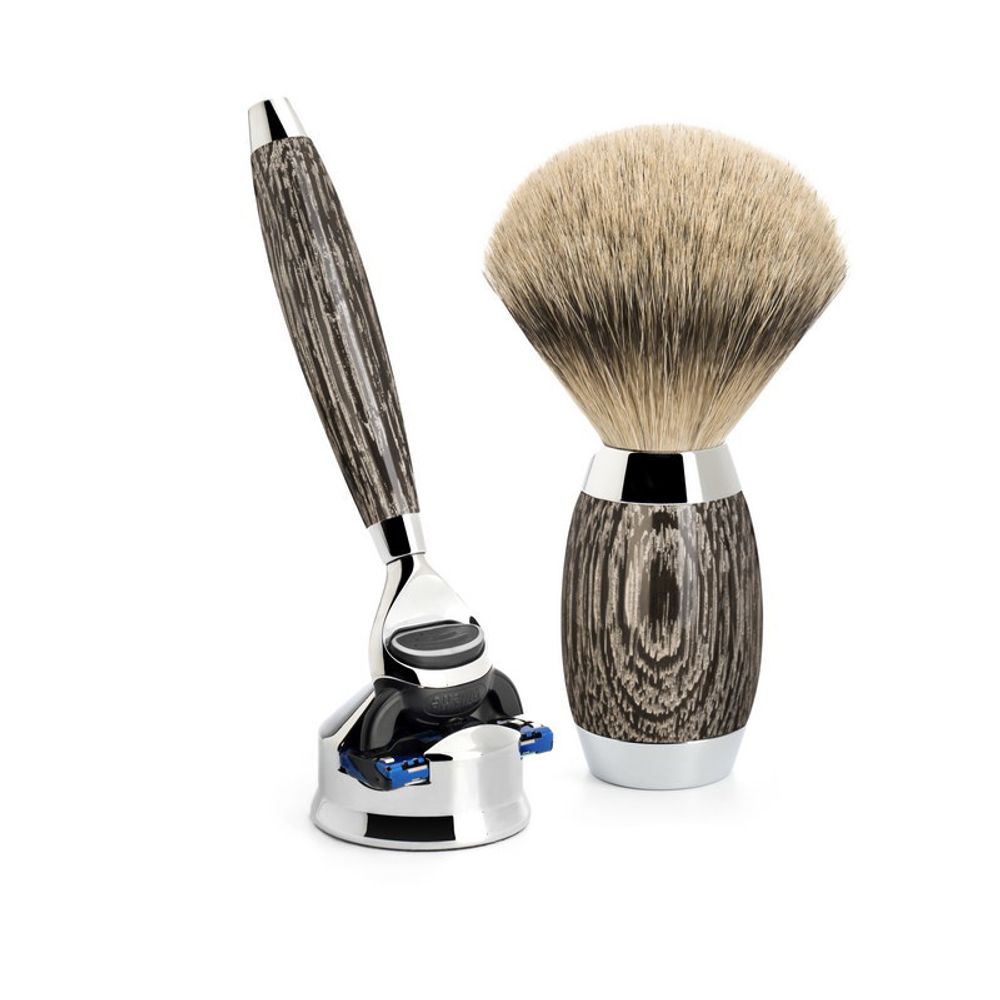 Бритвенный набор MUEHLE EDITION, барсучий ворс высшей категории Silvertip, бритва Fusion, мореный дуб, стерлинговое серебро (S 493 ED 3)