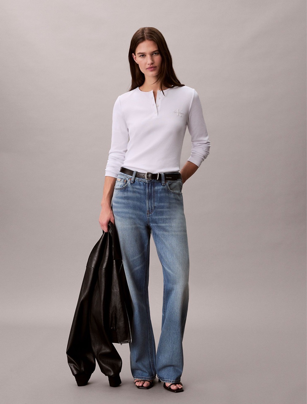 Лонгслив Calvin Klein Monologo Rib Henley Brilliant White
