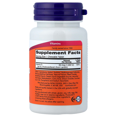 NOW Foods, жевательный витамин D3, фруктовый вкус, 25 мкг (1000 МЕ), 180 жевательных таблеток