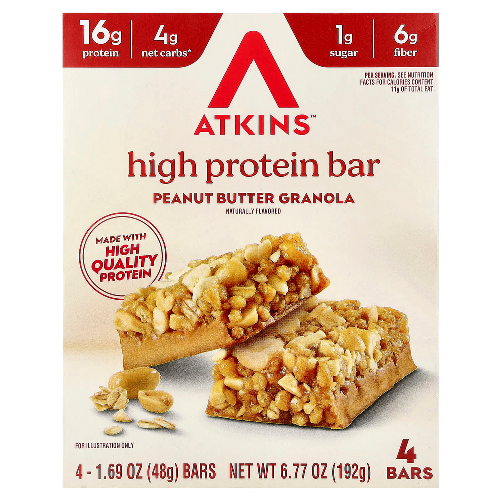 Atkins, высокопротеиновый батончик, гранола с арахисовой пастой, 4 батончика по 48 г (1,69 унции)