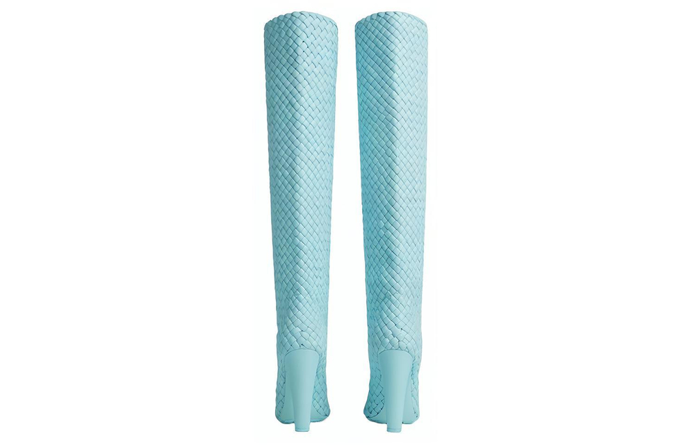 Bottega Veneta Canalazzo Leather Woven Knee High Boots 10cm Women"s Light Blue