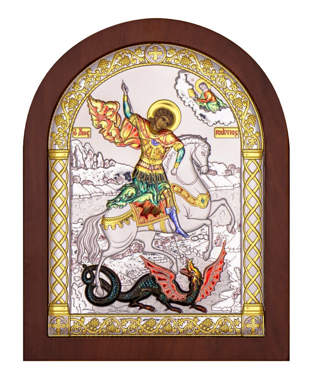 Георгий Победоносец, икона арочная, красное дерево, эмаль 105х140