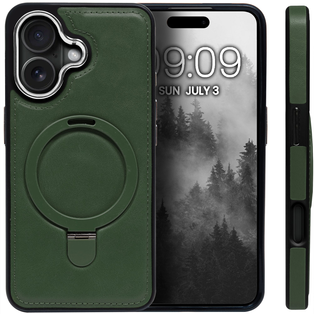 Business style чехол из кожи для IPHONE 16 с кольцом-подставкой и бархатной подкладкой