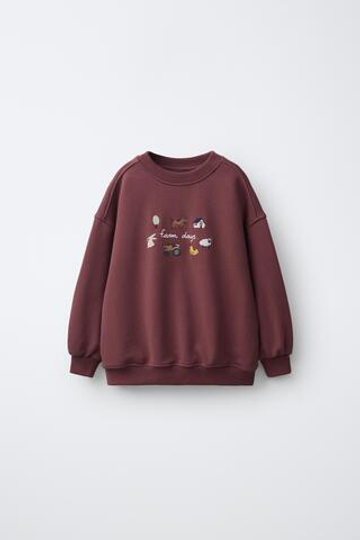 ZARA ТОЛСТОВКА С ВЫШИВКОЙ «ФЕРМА», БОРДОВЫЙ