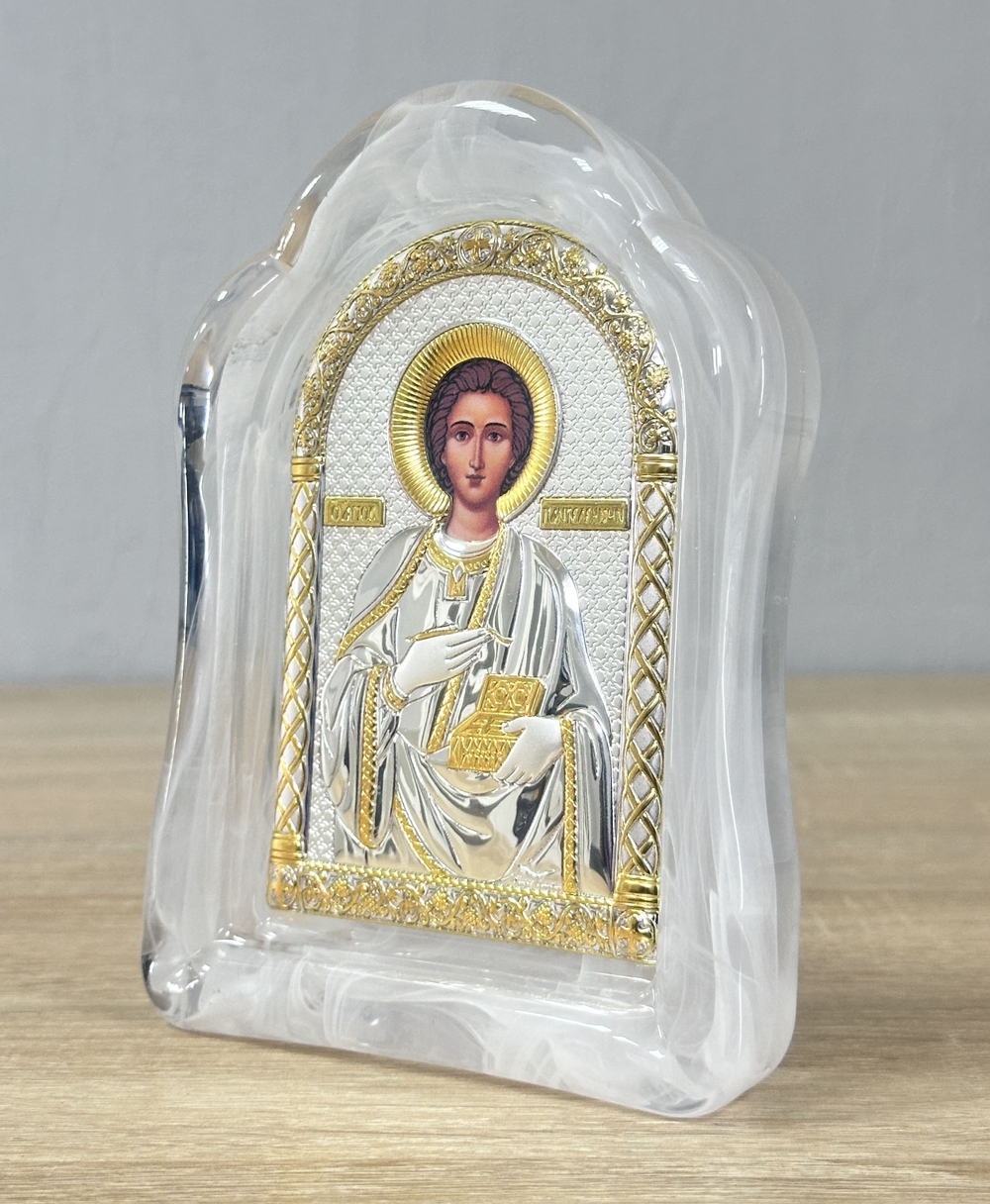 Пантелеймон, икона арочная, белое муранское стекло 86х112