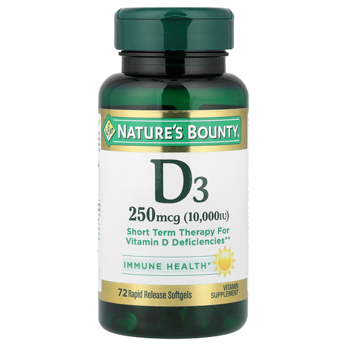 Nature's Bounty, D3, 250 мкг (10000 МЕ), 72 мягких капсул быстрого действия
