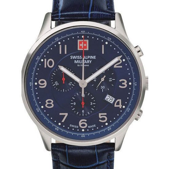 С ремешком Мужские наручные часы с синимм кожаным ремешком Swiss Alpine Military 7084.9535 Chronograph 43mm 10ATM