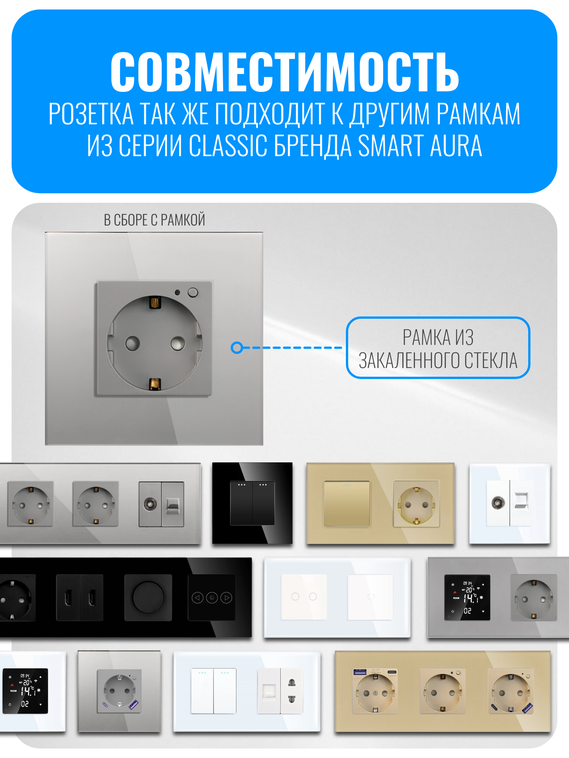 Умная ZigBee розетка с заземлением Smart Aura серия Classic с рамкой из стекла