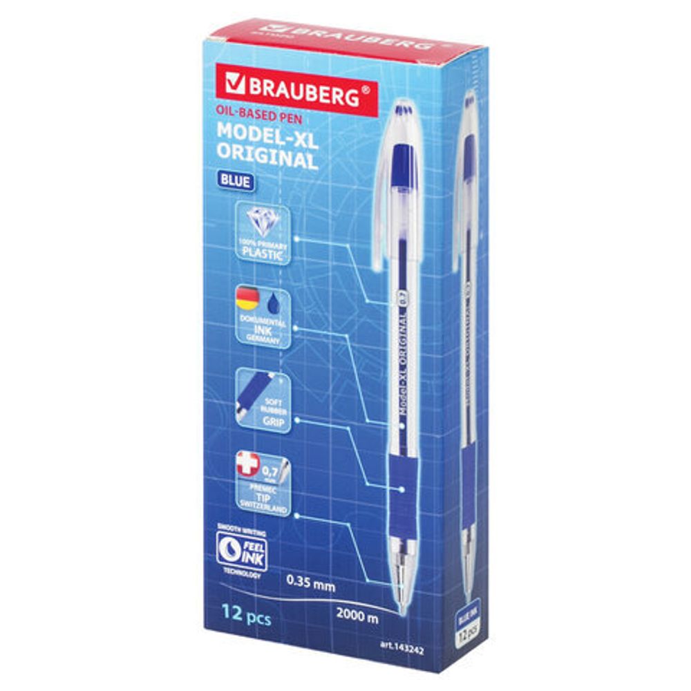Ручка шариковая масляная с грипом BRAUBERG "Model-XL" ORIGINAL, СИНЯЯ, узел 0,7 мм, линия письма 0,35 мм, 143242