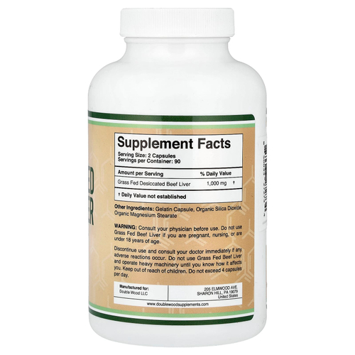Double Wood Supplements, Говяжья печень травяного откорма, 180 капсул (500 мг на капсулу)