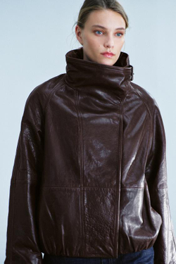 ZARA КУРТКА ИЗ 100% КОЖИ С ВЫСОКИМ ВОРОТНИКОМ — ZW COLLECTION, КОРИЧНЕВЫЙ