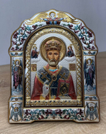 Николай чудотворец, икона арочная с рамкой под стеклом, красное дерево, эмаль 206х270