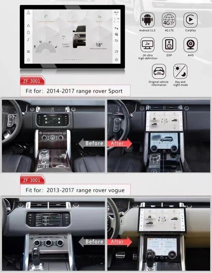 Магнитола для Range Rover 4 2012-2017 / Sport 2 2013-2017 - Kuberg ZF-1304 монитор 13.3", Android 11, CarPlay, 4G SIM-слот