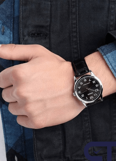 Casio MTP-V001L-1B Standard часы наручные мужские — чёрный циферблат, серебристый корпус и кожаный ремешок