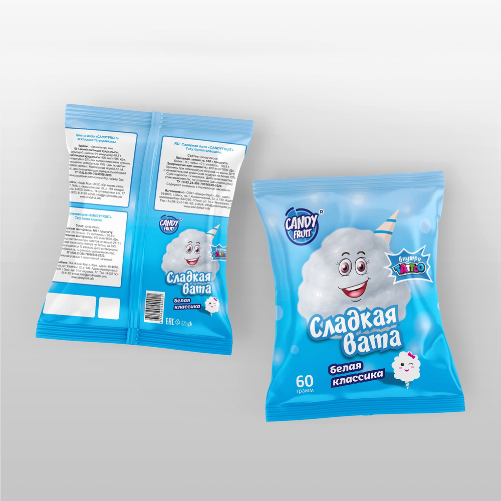 Сахарная Вата "CANDYFRUIT" ТАТУ Белая Классика 60гр (12шт) пакет