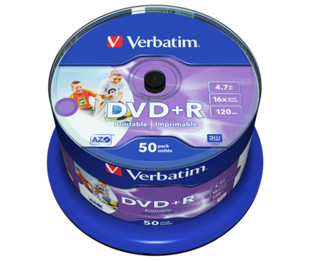 Оптический диск Verbatim DVD+R 4.7GB 16X AZO Wide Inkjet Printable No ID Brand, Spindle, 50 шт