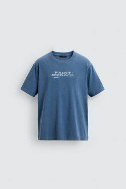 ZARA ФУТБОЛКА ИЗ ТКАНИ С ЭФФЕКТОМ ПОТЕРТОСТИ С НАДПИСЬЮ, НЕБЕСНО-ГОЛУБОЙ