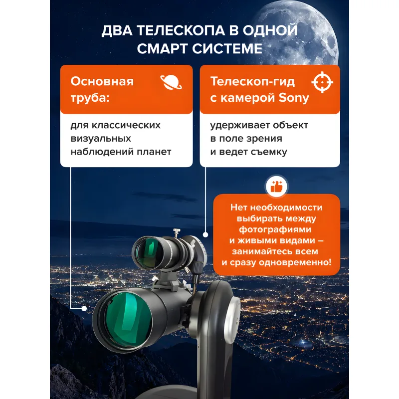 Смарт-телескоп Levenhuk Kelvin Bright STR90 - инфографика с объективами основной трубы и гида