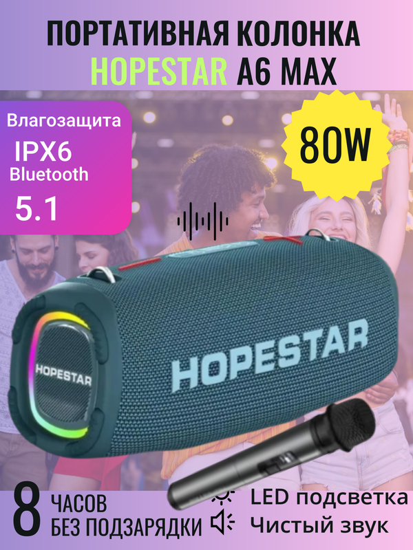 Портативная беспроводная Bluetooth колонка HOPESTAR A6 Max с микрофоном 80Вт/портативная акустика/блютуз колонка (Синяя)