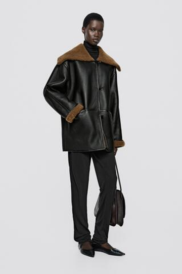 Massimo Dutti Кожаная куртка-дубленка с меховой отделкой - Limited Edition, коричневый