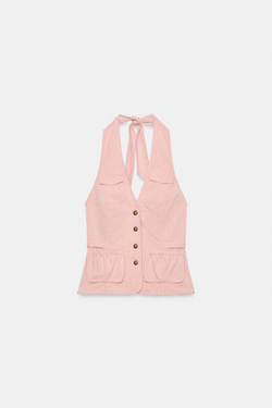 ZARA ТОП В ПОЛОСКУ С ГОРЛОВИНОЙ ХАЛТЕР И КАРМАНАМИ, БЛЕДНО-РОЗОВЫЙ