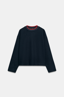 ZARA МЯГКАЯ ТОЛСТОВКА С КОНТРАСТНОЙ ПОЛОСКОЙ, СИНИЙ