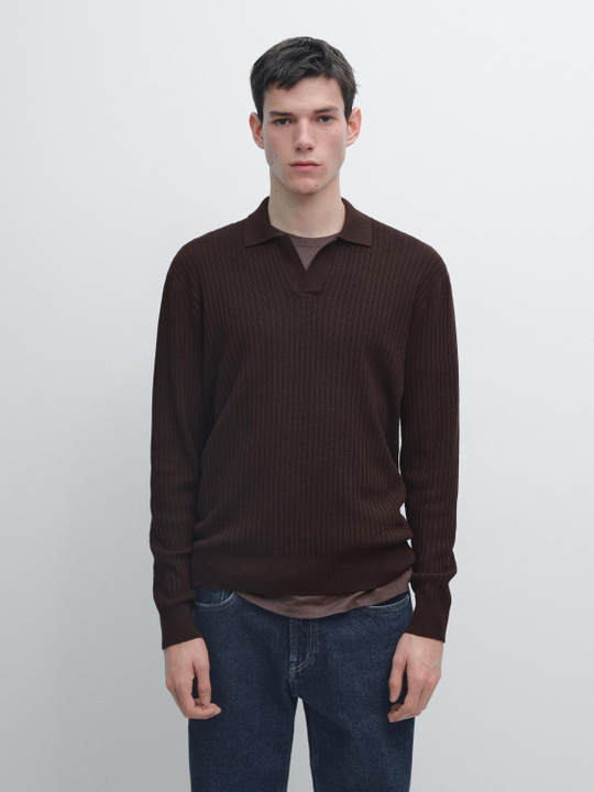 Massimo Dutti Трикотажный свитер из смесового хлопка с воротником-поло, бордо