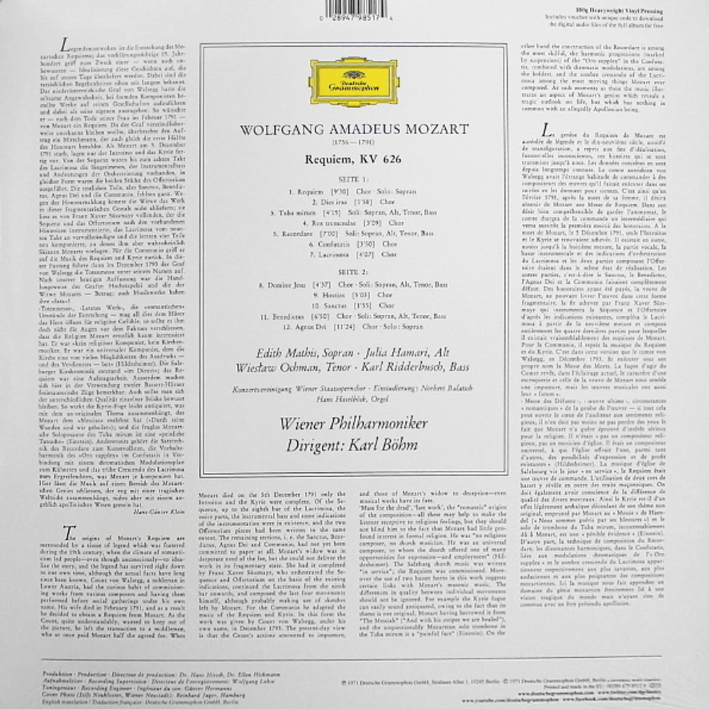 Wolfgang Amadeus Mozart, Karl Bohm, Wiener Philharmoniker — Requiem (LP)