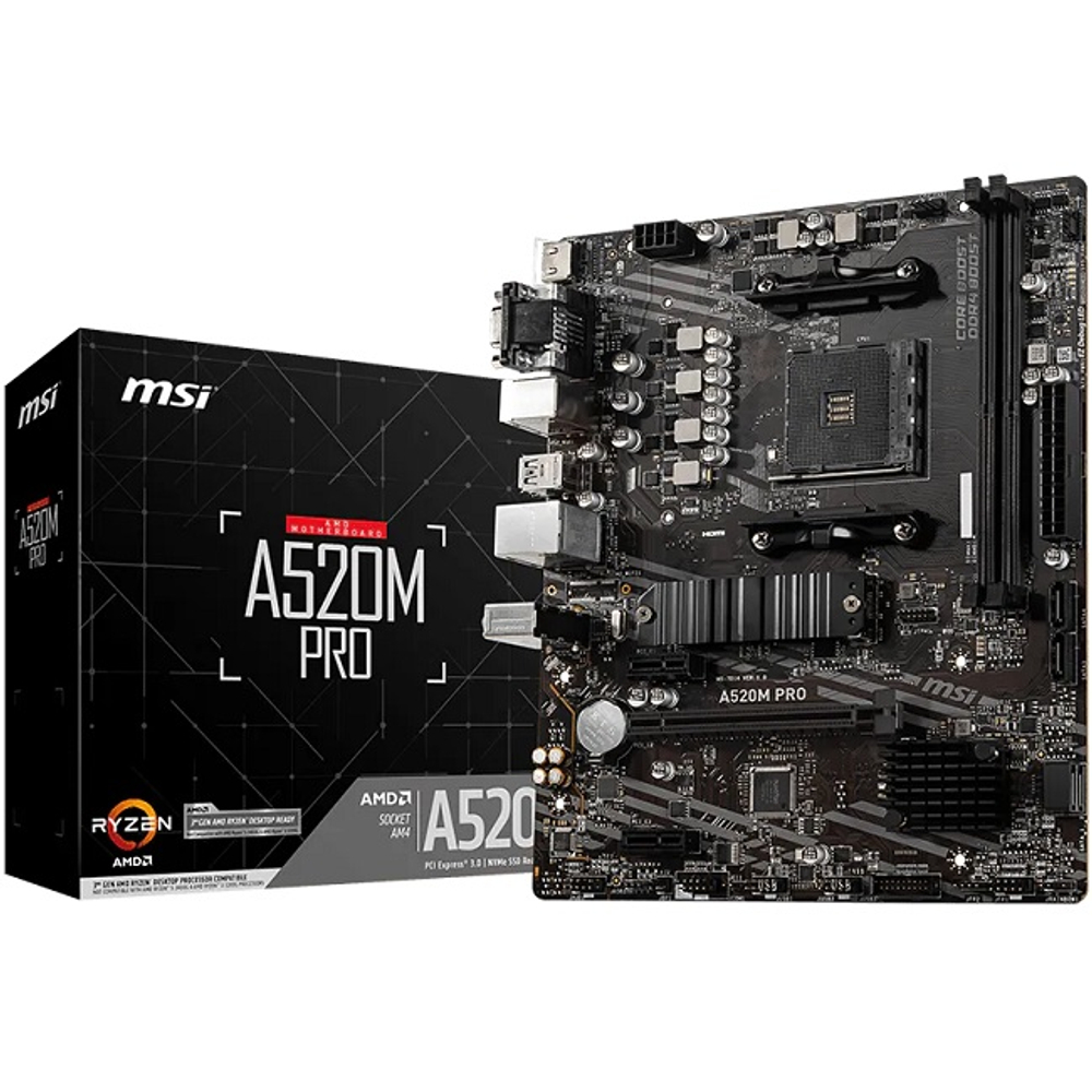 Материнская плата MSI A520M PRO (AM4/AMD A520/2xDDR4/1xPCI-Ex16/M.2/SB7.1/GLAN/DisplayPort/HDMI/VGA/mATX)