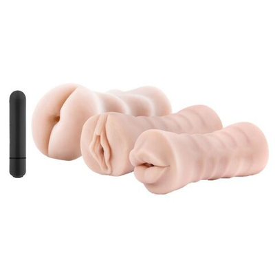 Набор из 3 мастурбаторов и вибропули 3-Pack Self-Lubricating Vibrating Stroker Sleeve Kit (Цвет: телесный)