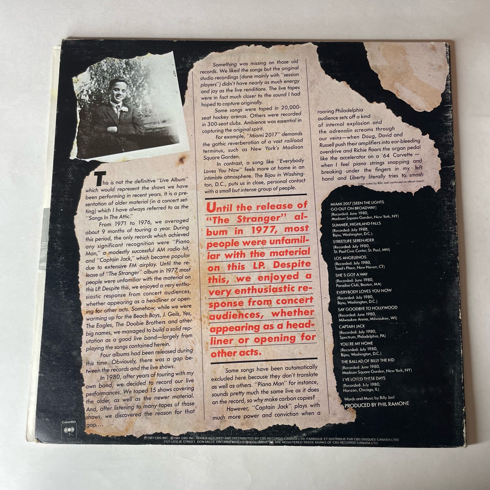 Винтажная виниловая пластинка LP Billy Joel Songs In The Attic (Канада 1981)