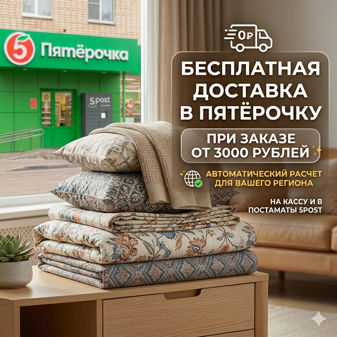 Бесплатная доставка в «Пятёрочку» при заказе от 3000 рублей! 🚚✨