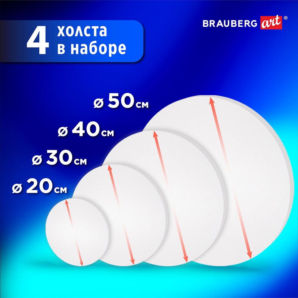 Холсты на подрамнике 4 шт., круглые 20, 30, 40, 50 см, грунтованные, 380 г/м2, 100% хлопок, BRAUBERG ART, 192331