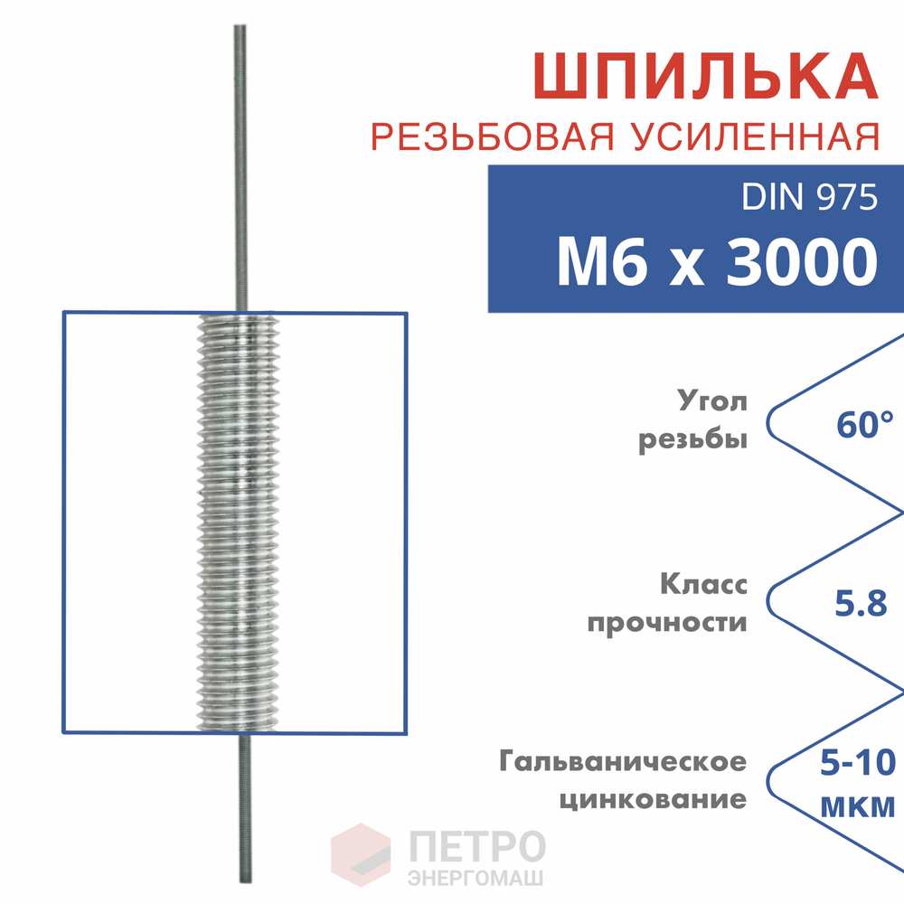 Шпилька резьбовая DIN 975 М6х3000 мм, класс прочности 5.8