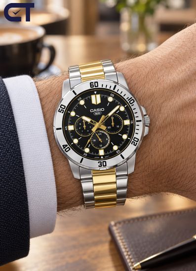CASIO MTP-VD300SG-1E CASIO Collection мужские наручные часы — чёрный циферблат, двухцветный стиль и три дополнительных индикатора