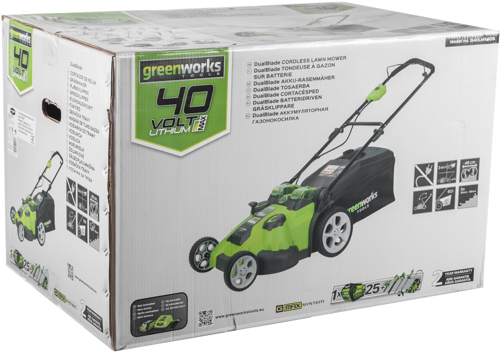 Газонокосилка аккумуляторная GREENWORKS TwinForce G40LM49DB 40В,49см,без АКБ и ЗУ (2500207)