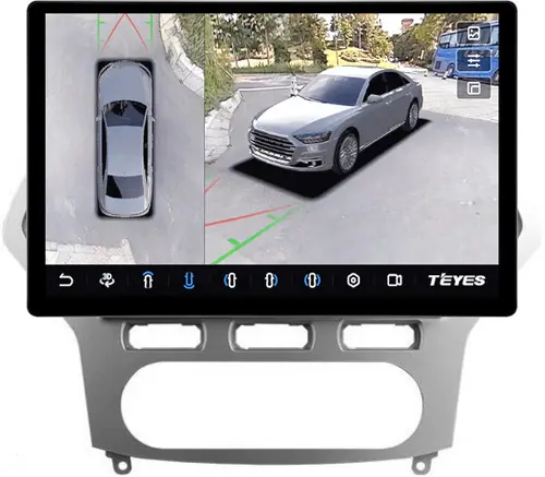 Магнитола для Ford Mondeo 4 2007-2010 (рамка серебро) - Teyes CC3-2K-360 монитор 13" 2K QLED на Android 10, Быстрая, CarPlay, 4G SIM-слот, 4 камеры в комплекте