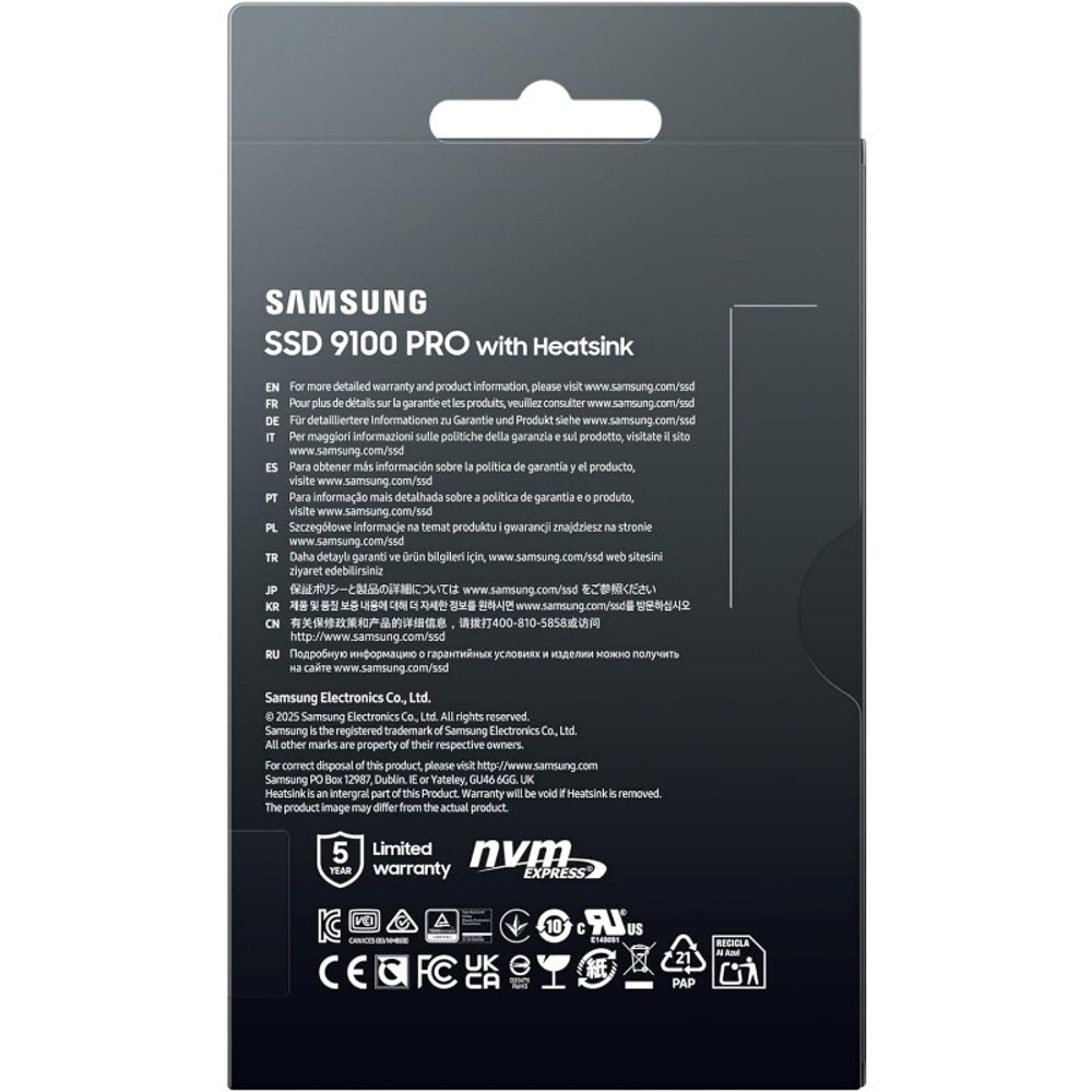 Твердотельный накопитель SSD 1TB Samsung 9100 PRO, M.2, PCI-E 5.0 x4, TLC 3D NAND (R14800/W13400MB/s) с радиатором 600TBW