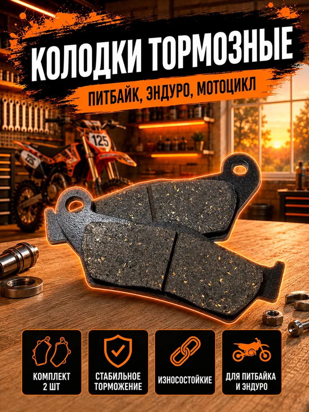 Колодки тормозные для дорожных, эндуро, питбайк