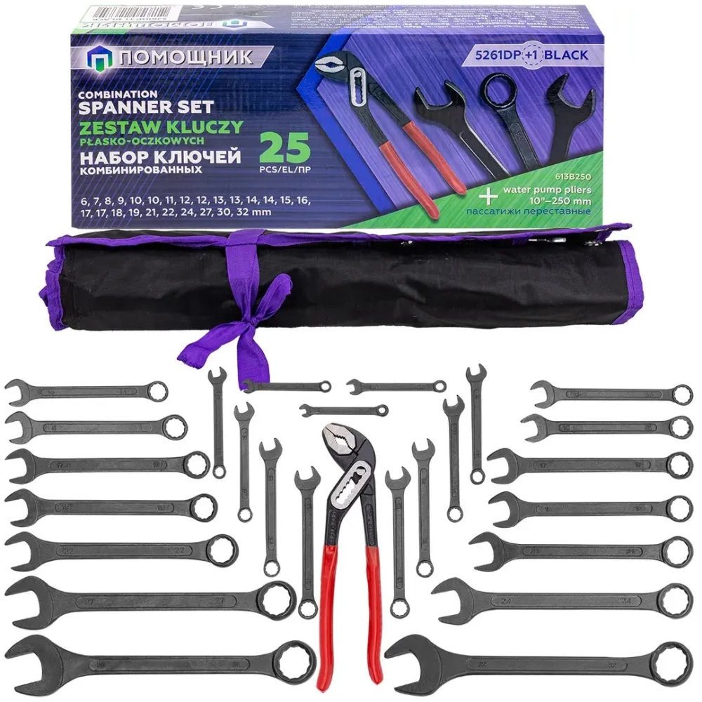 Набор ключей комбинированных и рожковых 25пр. Помощник 5261DP+1 BLACK