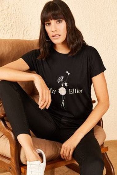Qadın üçün şəkilli qara t-shirt 10701051