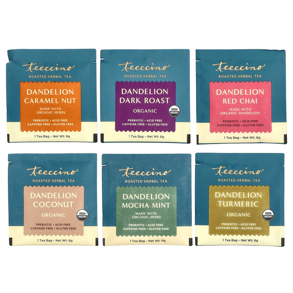 Teeccino, травяной чай из одуванчика, 6 вкусов, без кофеина, 12 чайных пакетиков, 72 г (2,54 унции)
