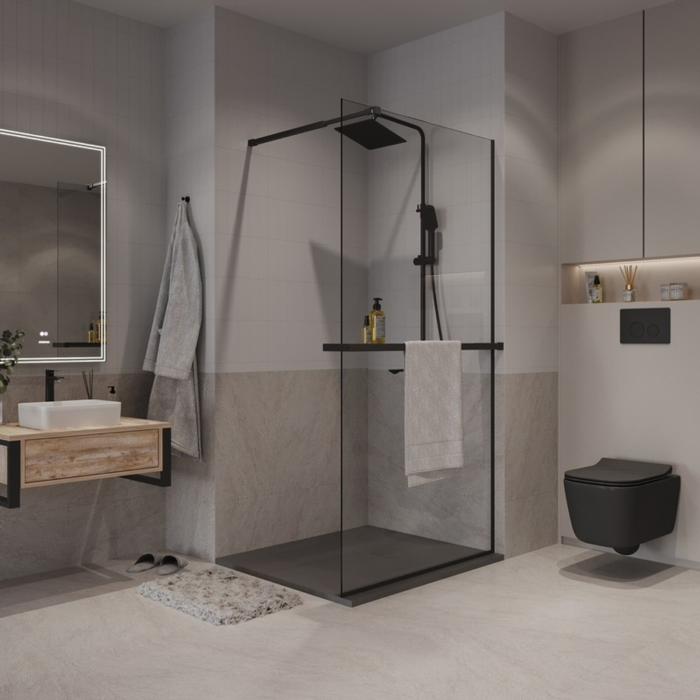 Душевая перегородка Niagara Nova NG-670-90ВLACK (90х195) черный матовый,стекло прозрачное,с полкой,1 место